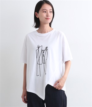 イラストデザイン刺繍裾変形切替半袖Tシャツ(ホワイト-ONESIZE)