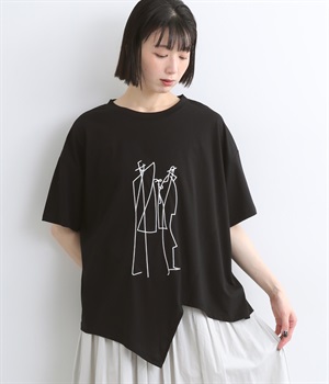 イラストデザイン刺繍裾変形切替半袖Tシャツ(ブラック-ONESIZE)