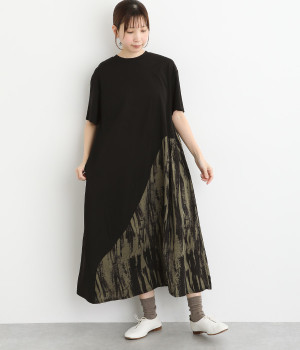 ペイント柄切替半袖ワンピース(カーキ-ONESIZE)