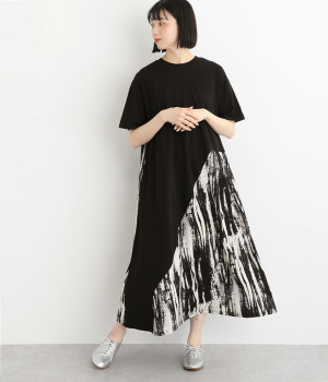 ペイント柄切替半袖ワンピース(ブラック-ONESIZE)