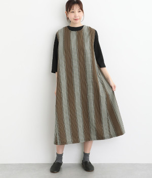 コットンチェックストライプ柄切替Aラインワンピース(カーキ-ONESIZE)
