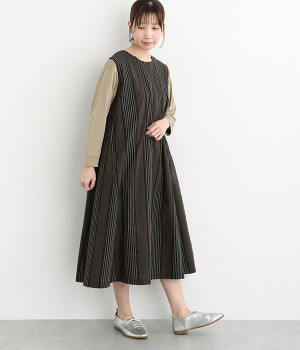 コットンチェックストライプ柄切替Aラインワンピース(ブラック-ONESIZE)