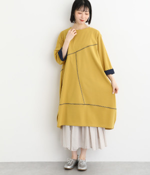 ロックステッチデザインカットソーワンピース(イエロー-ONESIZE)