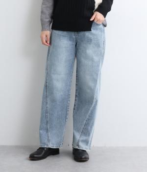 ストレッチ後ろウエストゴムサイド切替ストレートデニムワイドパンツ(ライトブルー-L)