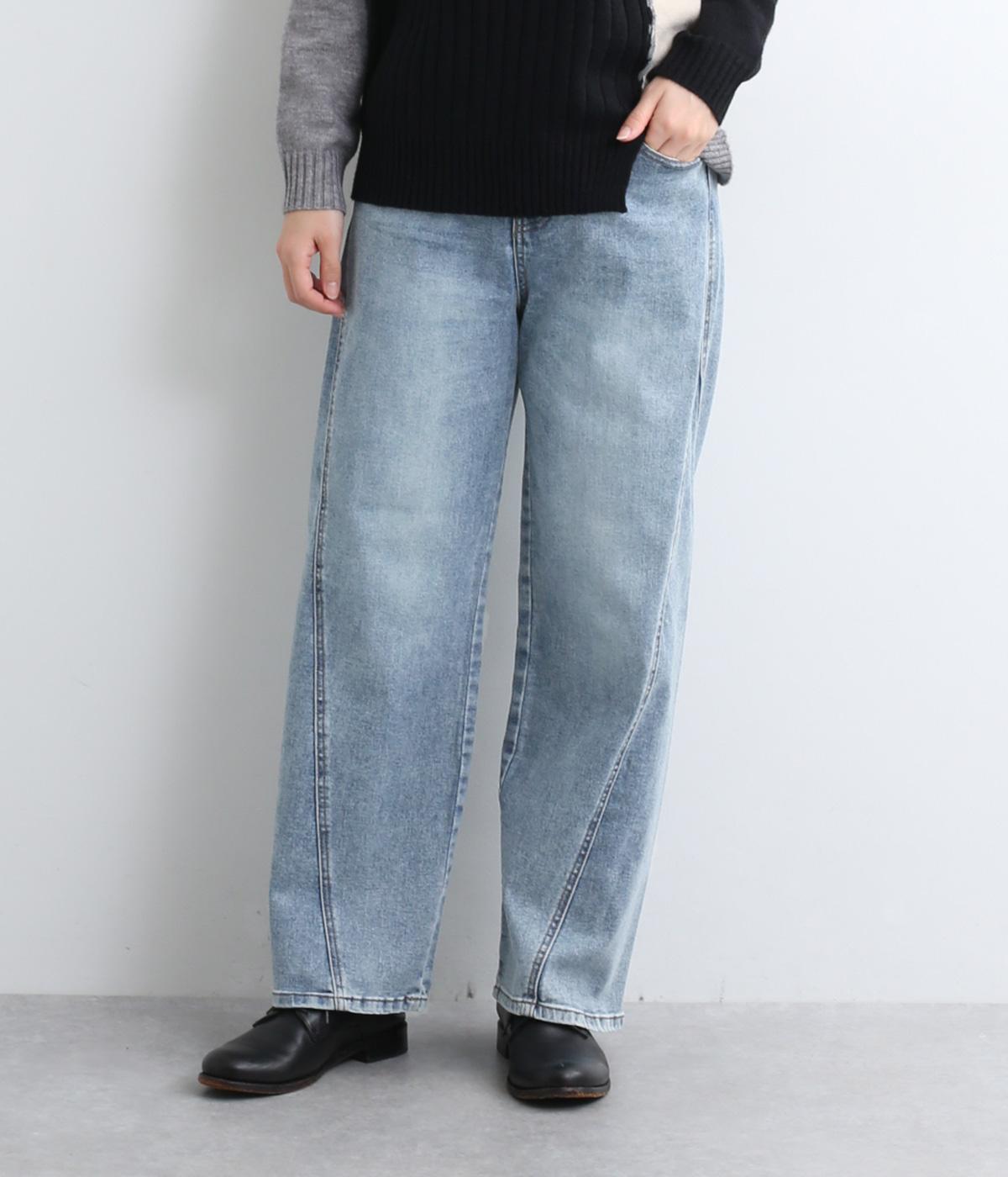 ストレッチ後ろウエストゴムサイド切替ストレートデニムワイドパンツ(ライトブルー-M)