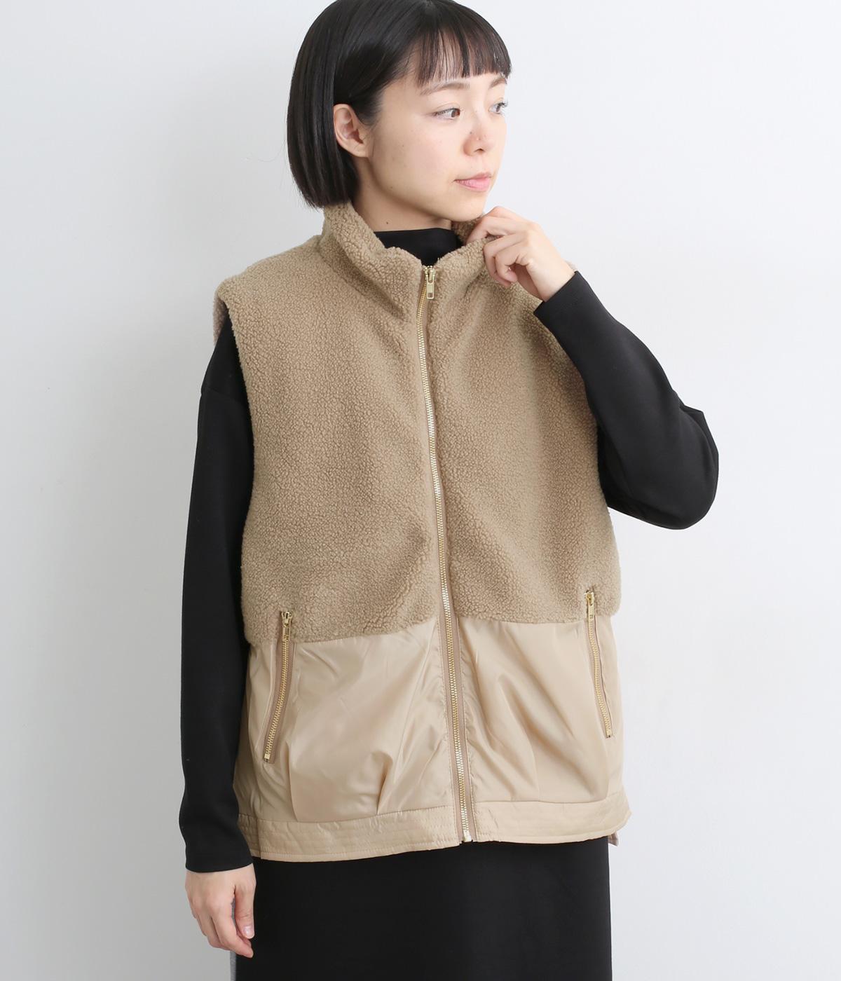 ボア×ナイロンコンビネーションジップベスト(モカ-F)