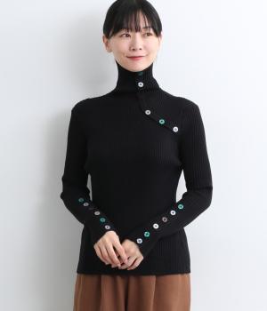 配色ボタンハイネックニットプルオーバー(ブラック-F)