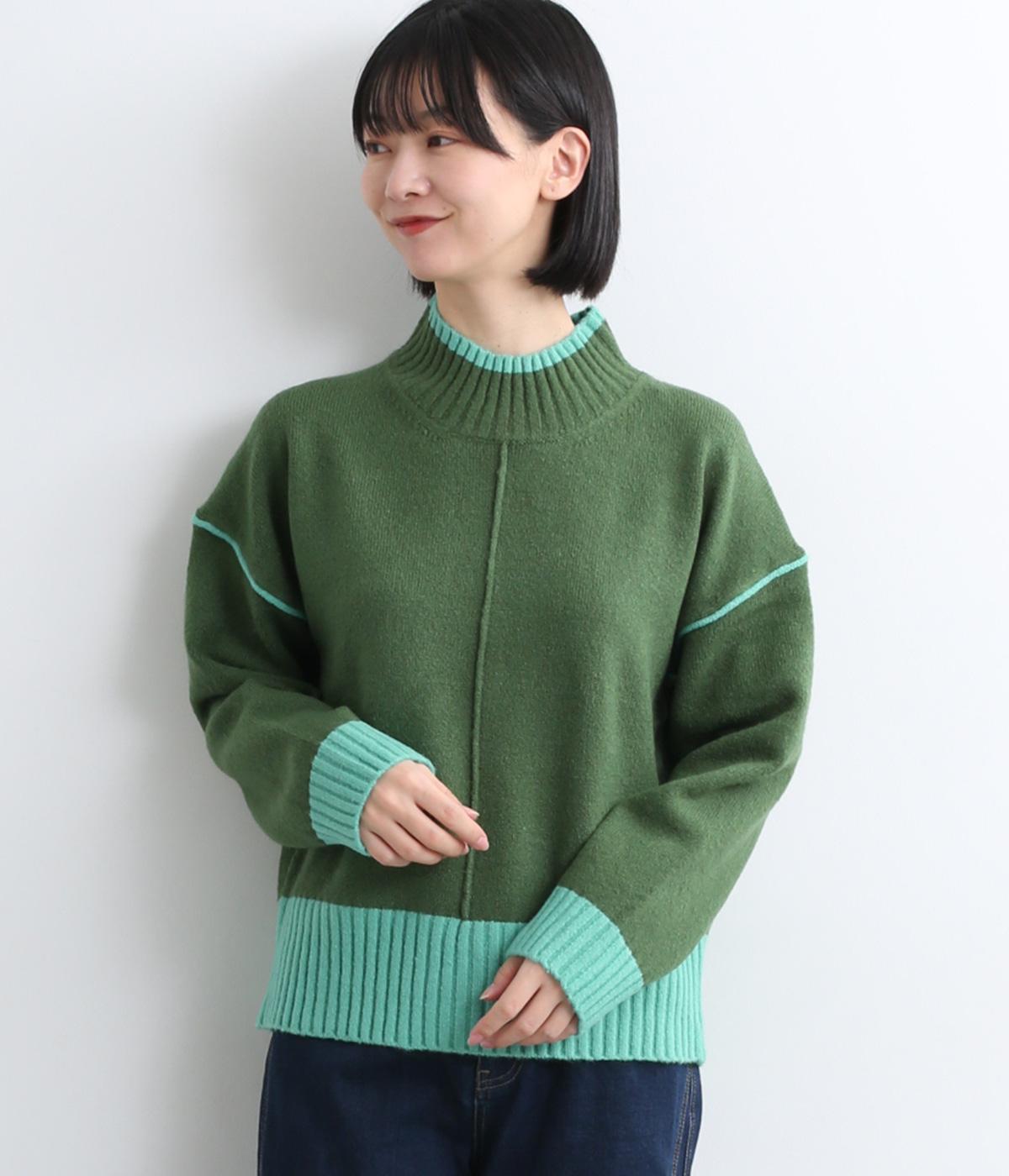 ボトルネック配色リブニット(グリーン-F)