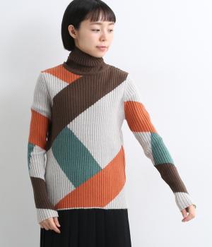 マルチカラーブロックハイネックニット(ブラウン-F)