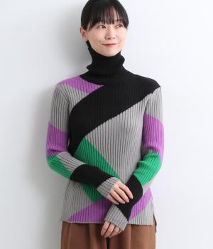 マルチカラーブロックハイネックニット(ブラック-F)