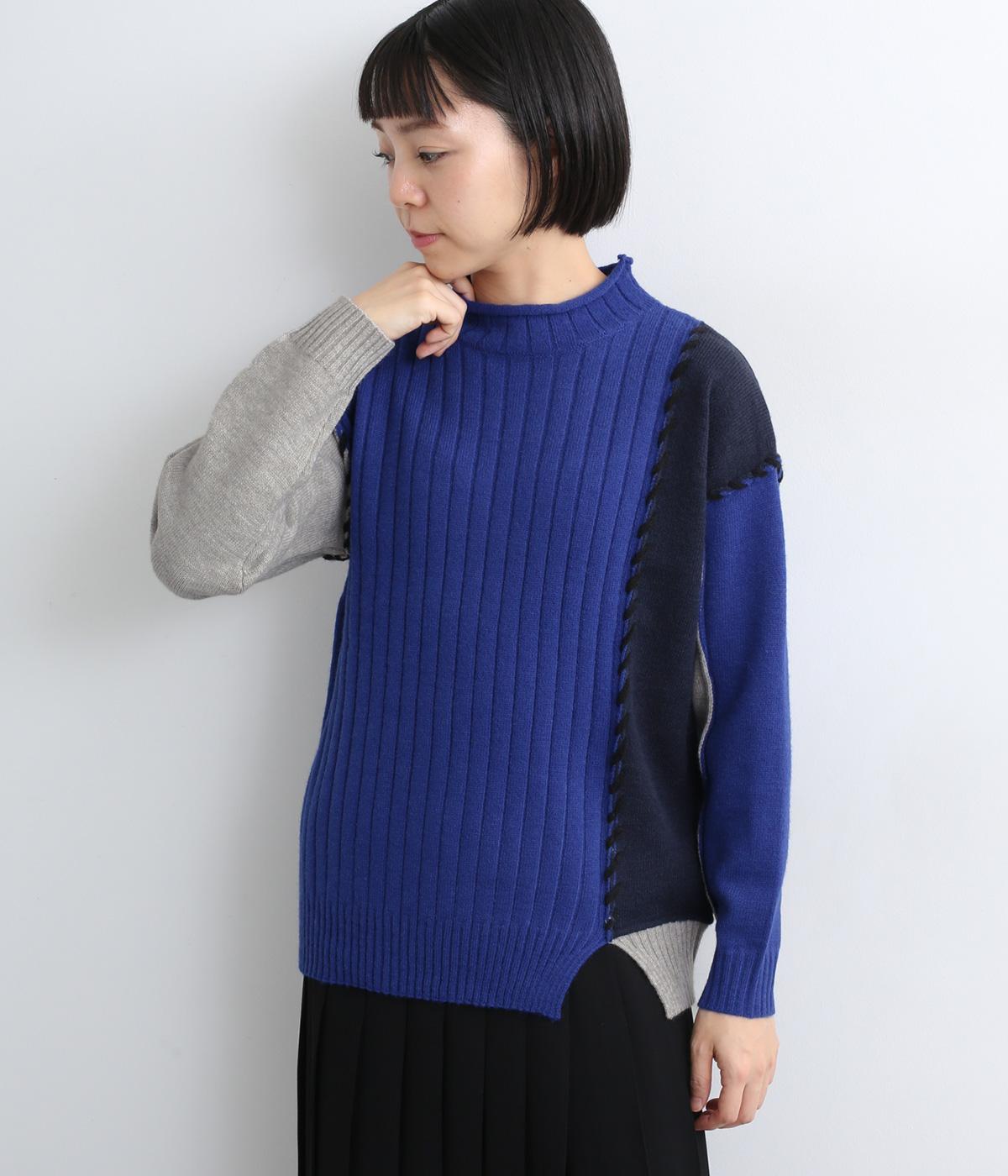 配色切替リブデザインニットプルオーバー(ブルー-F)