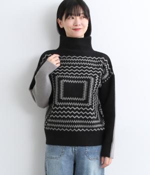 前後リバーシブルジオメトリック柄ハイネックワイドニット(ブラック-F)