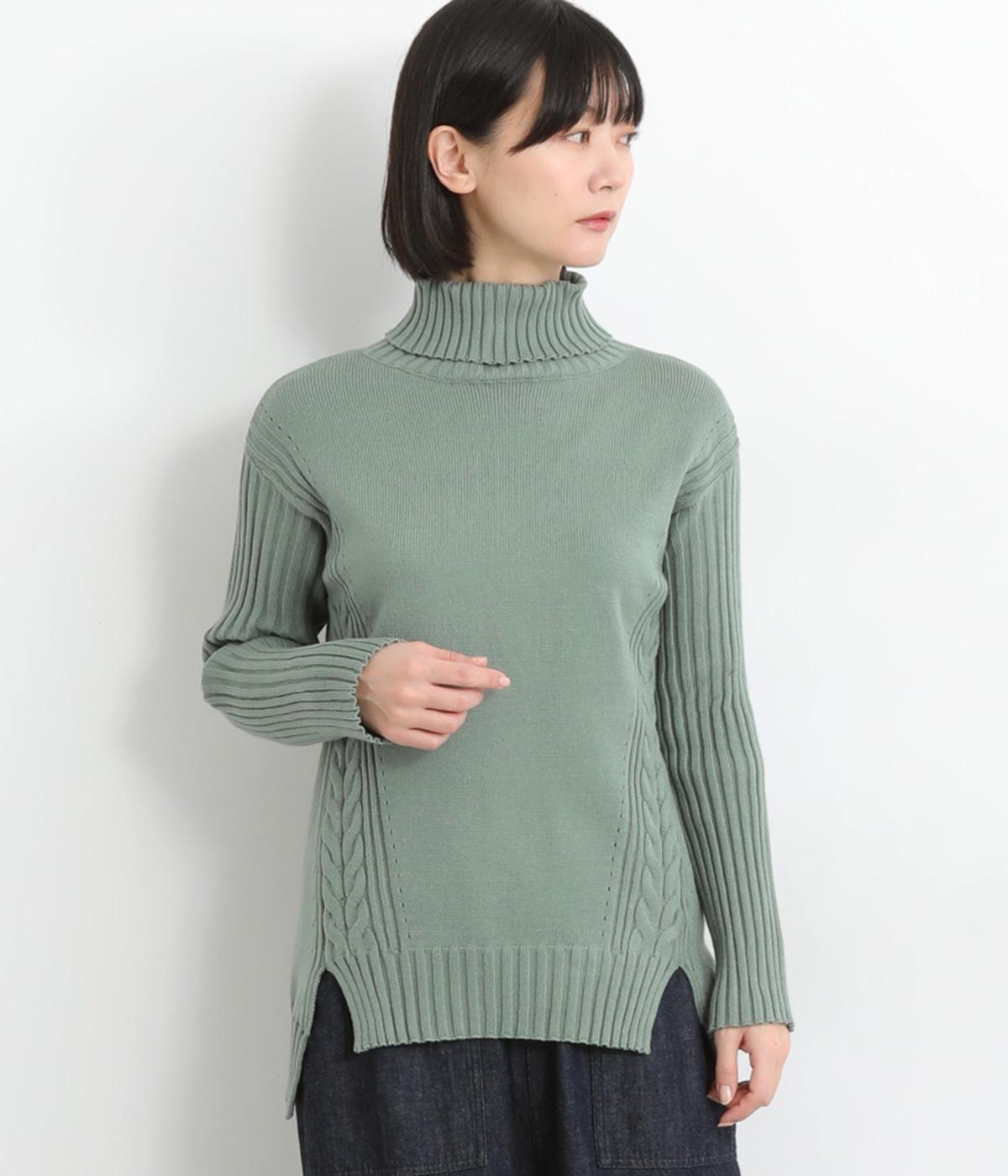 ケーブル編み切替タートルニットプルオーバー(ミント-F)