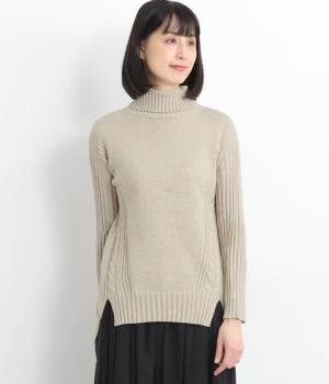 ケーブル編み切替タートルニットプルオーバー(ベージュ-F)