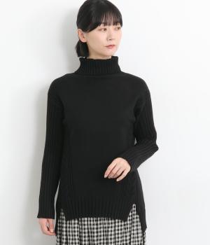 ケーブル編み切替タートルニットプルオーバー(ブラック-F)
