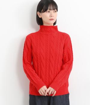立体ケーブル編みハイネックニット(レッド-F)