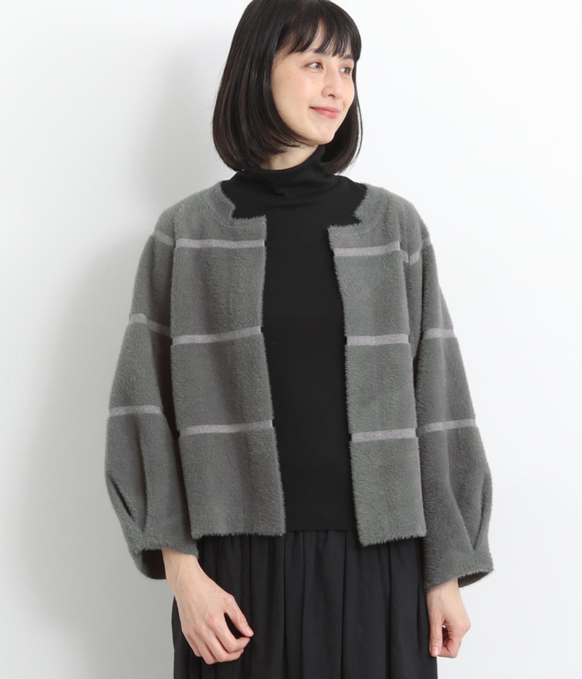 シャギーボーダーニットカーディガン(グレー-F)