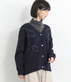 ラインアート刺繍Vネックニットカーディガン(ネイビー-F)