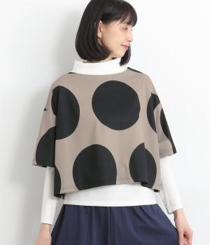 ビッグドット柄ボートネックショート丈半袖Tシャツカットソー(ブラック-F)