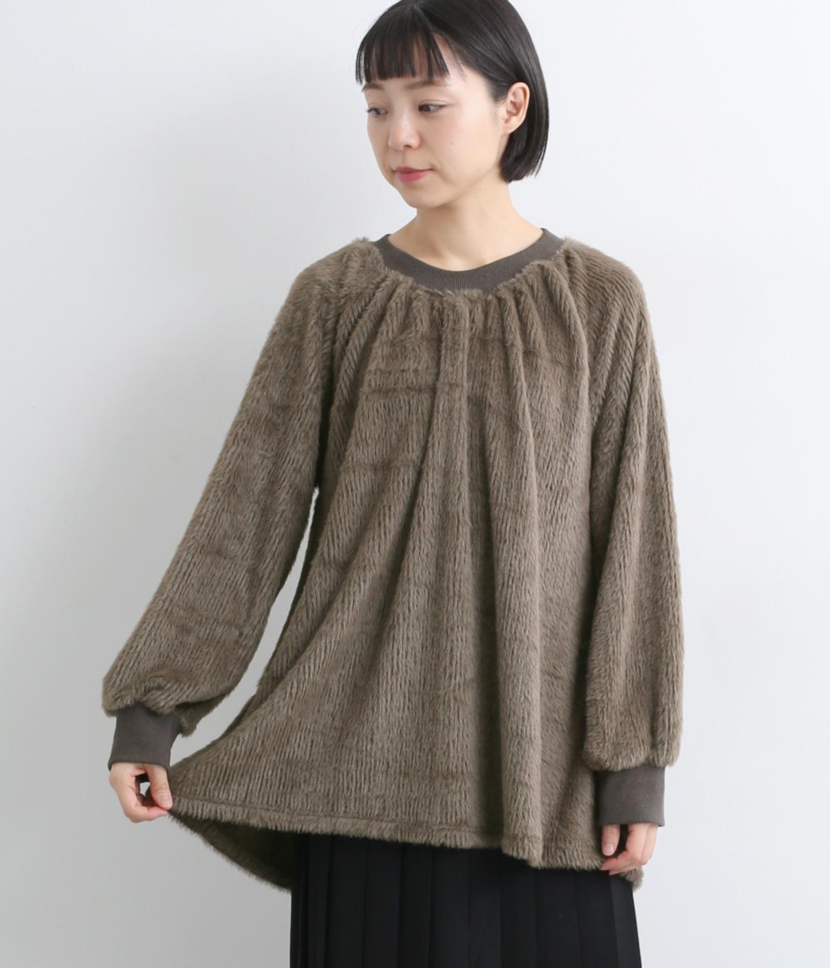 シャギー×異素材切替長袖Aラインカットソー(モカ-F)