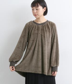 シャギー×異素材切替長袖Aラインカットソー(モカ-F)