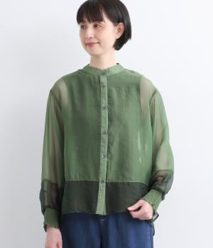 シャーリングバイカラー切替オーガンジーブラウス
