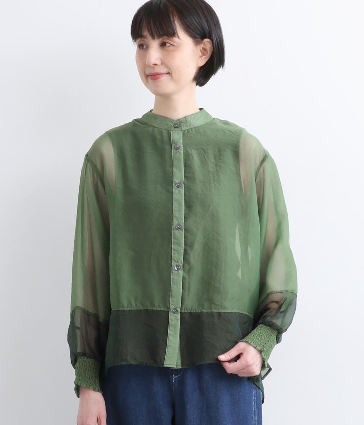 シャーリングバイカラー切替オーガンジーブラウス(グリーン-F)