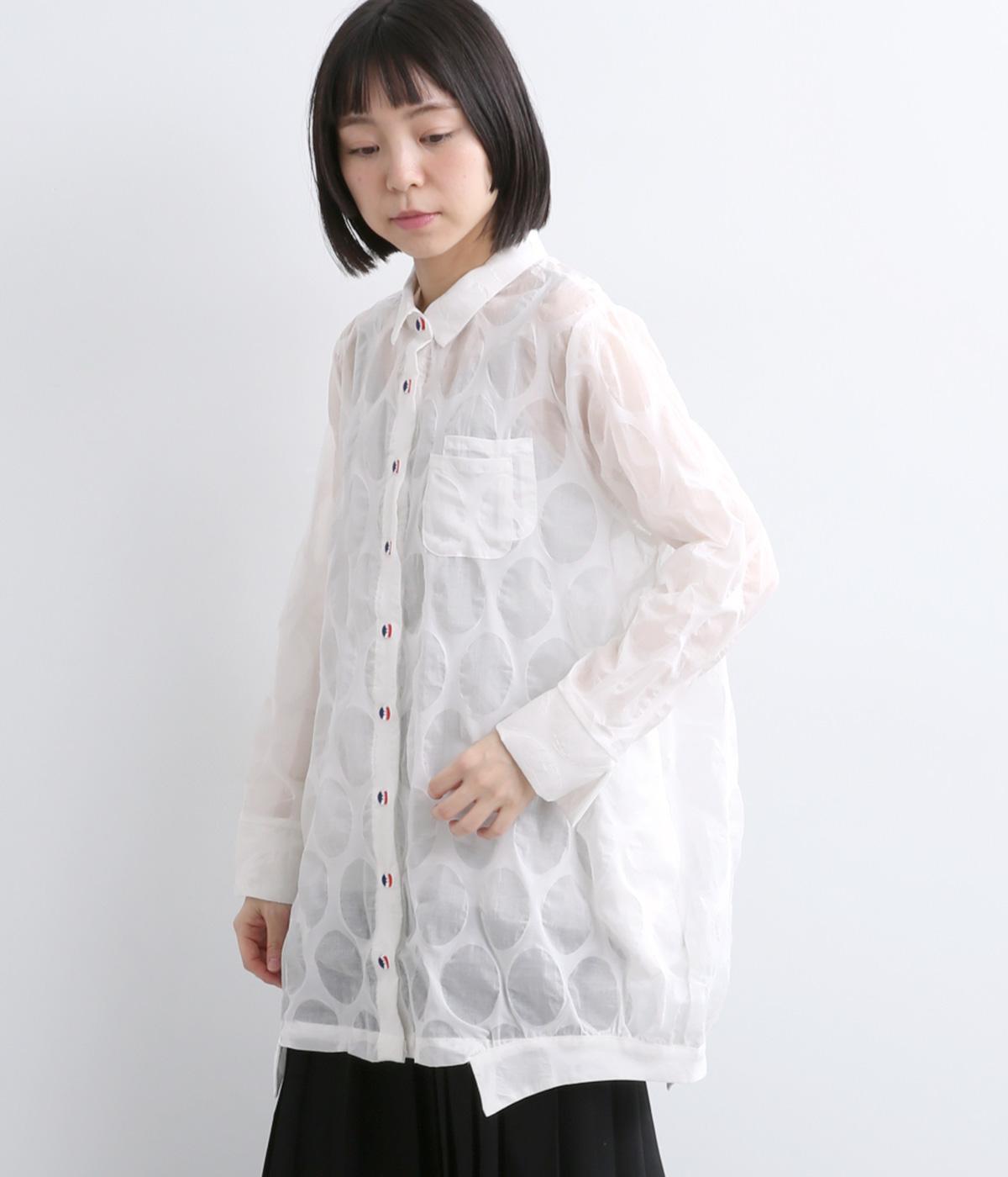 コットンドットシアーコクーンシルエットシャツブラウス(ホワイト-F)