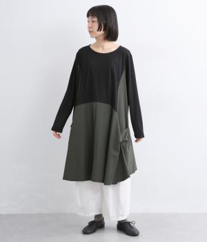異素材配色切替長袖Aラインワンピース
