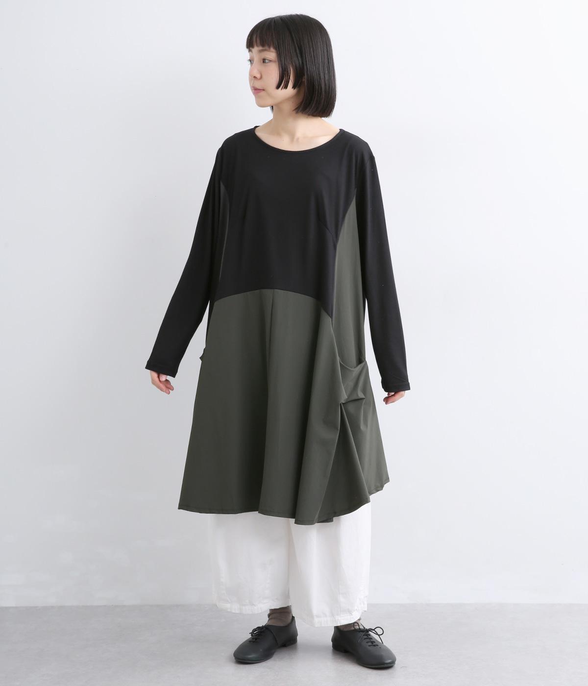 異素材配色切替長袖Aラインワンピース(ブラック-F)