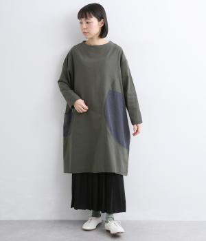 異素材切替サークルコクーンワンピース(グリーン-F)