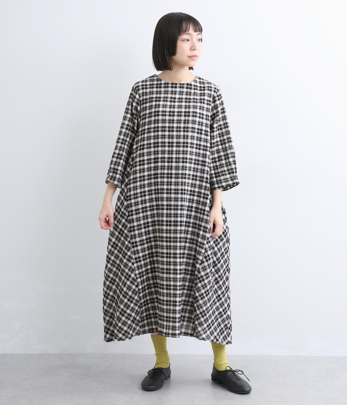 チェック切替7分袖Aラインロングワンピース(ホワイト-F)