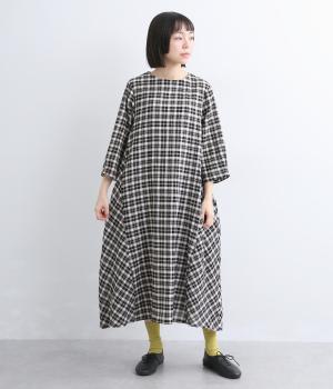 チェック切替7分袖Aラインロングワンピース(ホワイト-F)