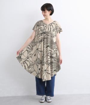 リゾート柄フレアワンピース(ベージュ-F)