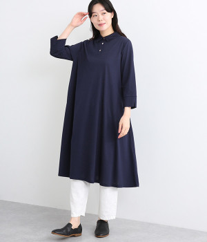 コットンシルケット天竺襟付きワンピース(ネイビー-ONESIZE)