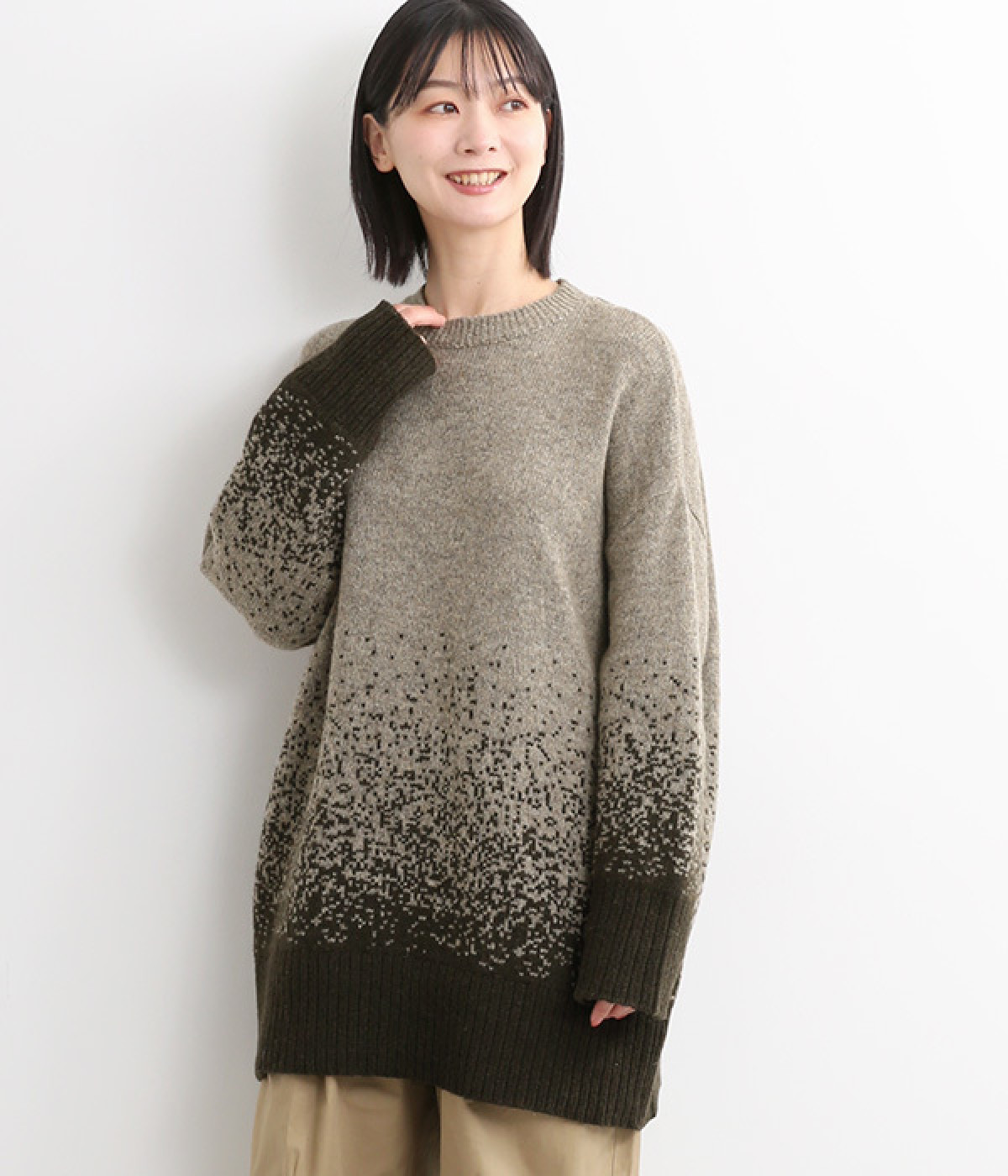 ウール混グラデーションロングニット(ダークカーキ杢-ONESIZE)