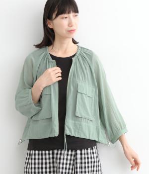 コットンシアー裾ドロスト前ポケット7分袖ブルゾン(ミント-ONESIZE)