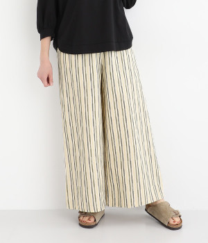 【LaLaquesera】コットンタックストライプワイドパンツ(キナリ地×黄・緑・紺-ONESIZE)