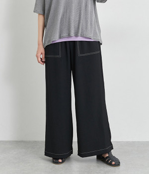 カルゼステッチ配色ポケットワイドパンツ(ブラック-ONESIZE)