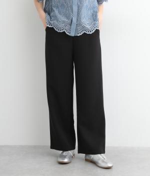 レーヨン混サイドボタンウエストゴム後ろポケットストレートワイドパンツ(ブラック-ONESIZE)