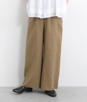 リネンウエストリブポケット付ワイドストレートパンツ(カーキブラウン-ONESIZE)