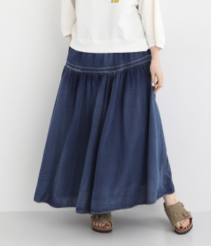 コットン2.5オンスボイルデニムステッチギャザースカート(ネイビーブルー-ONESIZE)