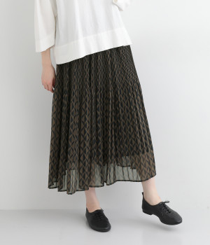 幾何プリントウエストラメカットソーギャザースカート(ネイビー系-ONESIZE)