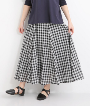 ウエストリブギンガムチェックフレアスカート(ブラック×オフホワイト-ONESIZE)
