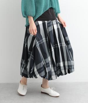 ビックチェックウエストゴム裏地メッシュバルーンスカート(ネイビー-ONESIZE)