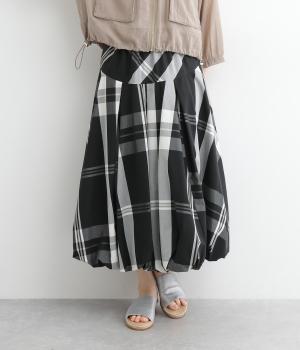 ビックチェックウエストゴム裏地メッシュバルーンスカート(ブラック-ONESIZE)