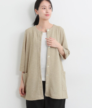 ダブルフェイス丸首8分袖ロングカーディガン(ベージュ-ONESIZE)