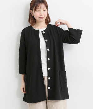 ダブルフェイス丸首8分袖ロングカーディガン(ブラック-ONESIZE)