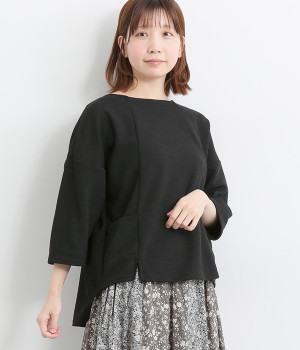 ダブルフェイスボートネック7分袖プルオーバー(ブラック-ONESIZE)