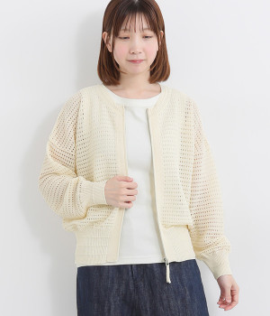 透かし柄BLOOMジップアップカーディガン(オフホワイト-ONESIZE)